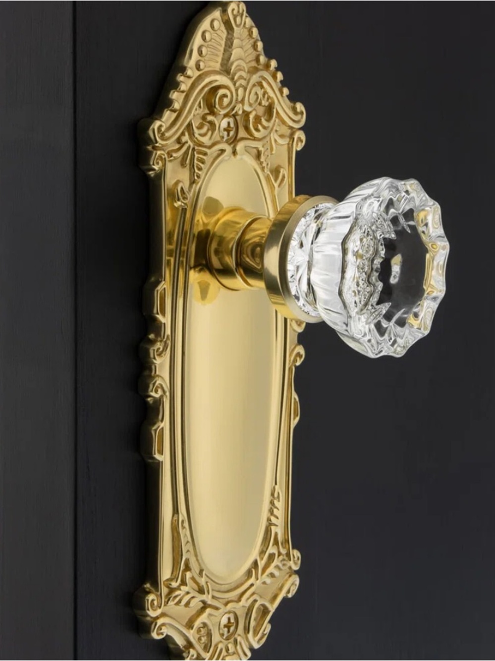 Ornate Polished Brass Backplate with Crystal Glass Door Knob